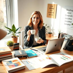 A dynamic woman in her forties sitting at a bright and contemporary home office desk