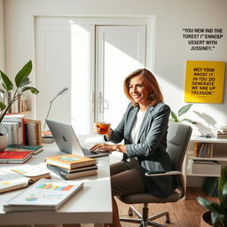 A dynamic woman in her forties sitting at a bright and contemporary home office desk