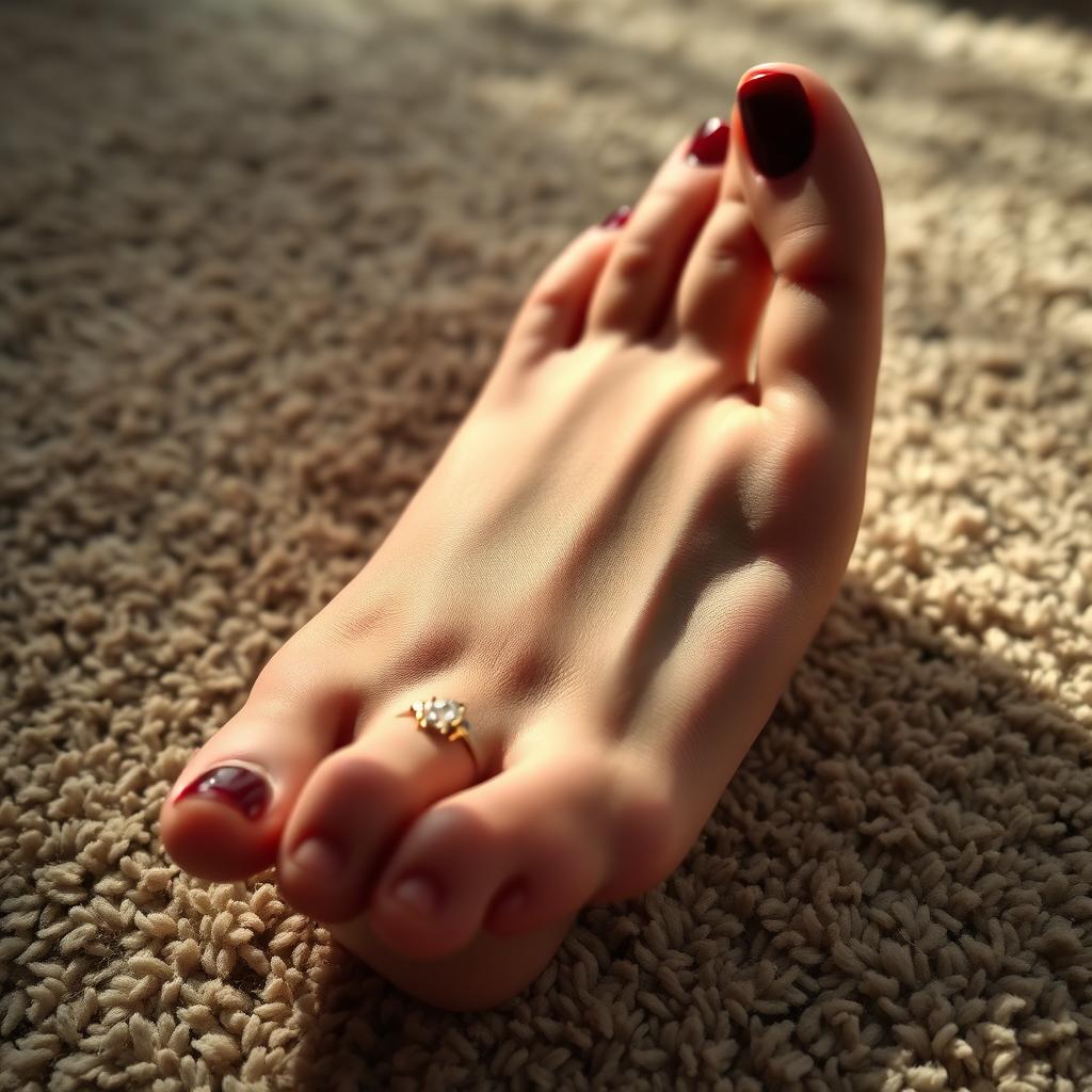 an artistic close-up of an adult foot, showcasing smooth, well-cared skin, resting on a plush carpet