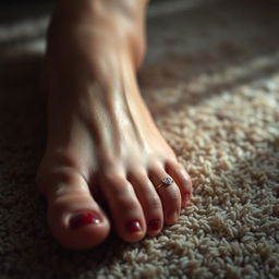 an artistic close-up of an adult foot, showcasing smooth, well-cared skin, resting on a plush carpet