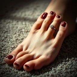 an artistic close-up of an adult foot, showcasing smooth, well-cared skin, resting on a plush carpet