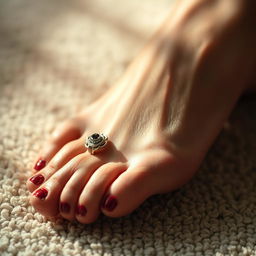 an artistic close-up of an adult foot, showcasing smooth, well-cared skin, resting on a plush carpet