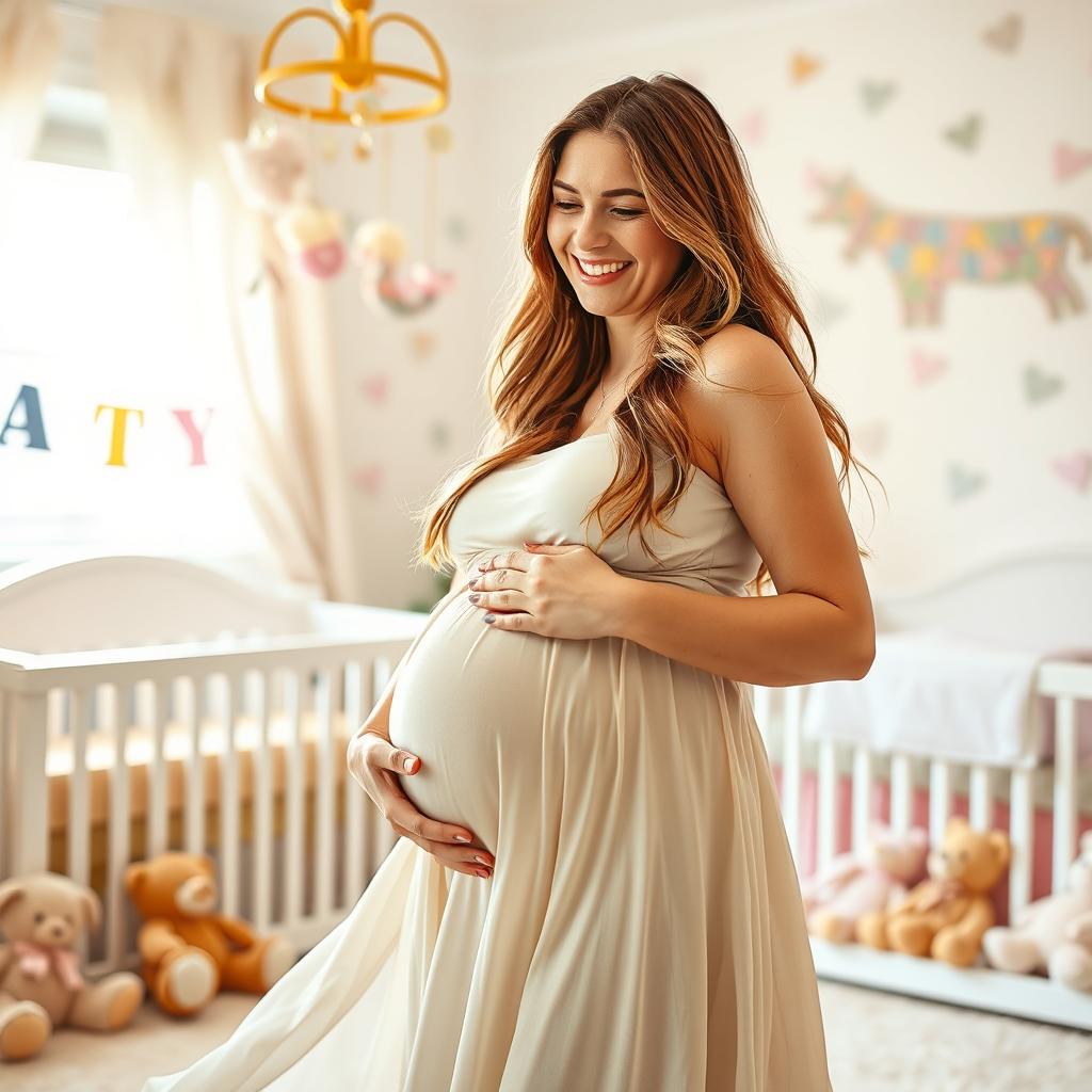 A joyful and glowing woman in her late 20s, visibly pregnant with octuplets, radiating happiness and excitement