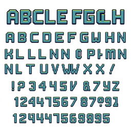 A complete English alphabet pixel art font designed for use in a Unity game, displayed on a white background