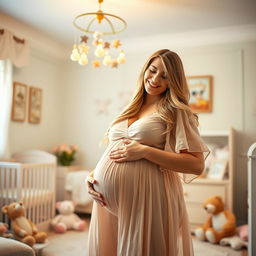 A joyful and glowing woman in her late 20s, visibly pregnant with octuplets, radiating happiness and excitement