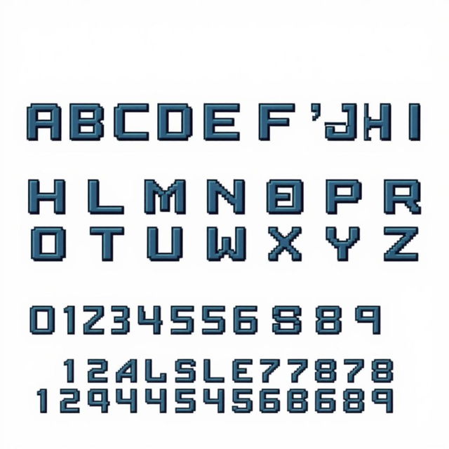 A complete English alphabet pixel art font designed for use in a Unity game, displayed on a white background