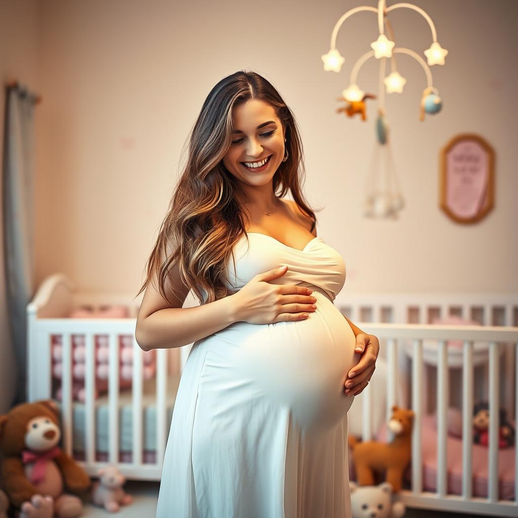 A joyful and glowing woman in her late 20s, visibly pregnant with octuplets, radiating happiness and excitement