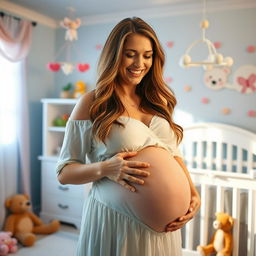 A joyful and glowing woman in her late 20s, visibly pregnant with octuplets, radiating happiness and excitement