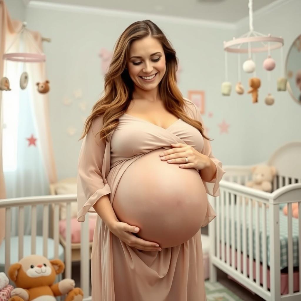 A joyful and glowing woman in her late 20s, visibly pregnant with octuplets, with a prominently large round belly, radiating happiness and excitement