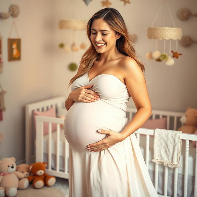 A joyful and glowing woman in her late 20s, visibly pregnant with octuplets, with a prominently large round belly, radiating happiness and excitement