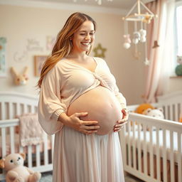 A joyful and glowing woman in her late 20s, visibly pregnant with octuplets, with a prominently large round belly, radiating happiness and excitement