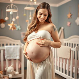 A joyful and glowing woman in her late 20s, visibly pregnant with octuplets, with a prominently large round belly, radiating happiness and excitement