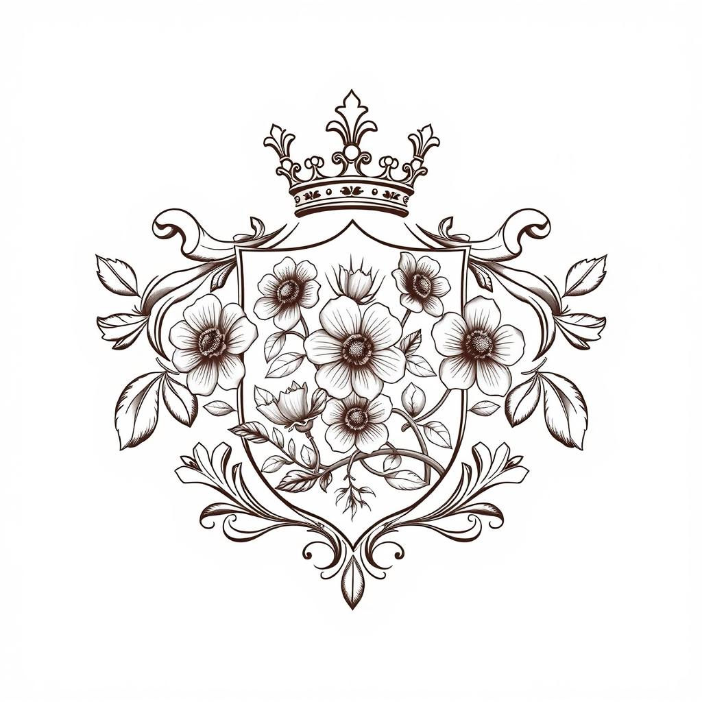 A regal crest featuring intricately engraved flowers in a symmetrical and ornate design