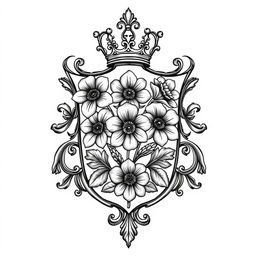 A regal crest featuring intricately engraved flowers in a symmetrical and ornate design