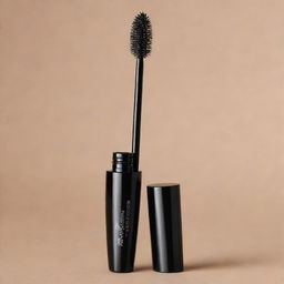 A sleek mascara tube, glossy black in color, with a voluminous brush, coated with thick, black mascara