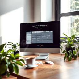 A modern workspace featuring a desktop computer on a sleek wooden desk