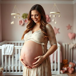 A joyful woman in her late 20s, visibly pregnant with octuplets, showcasing a hyper pregnant, prominently large round belly