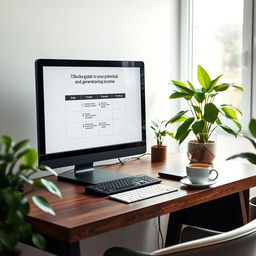 A modern workspace featuring a desktop computer on a sleek wooden desk