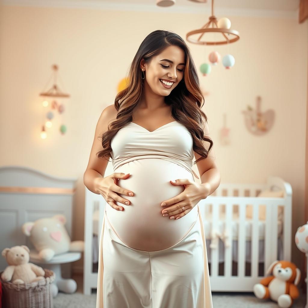 A joyful woman in her late 20s, visibly pregnant with octuplets, showcasing a hyper pregnant, prominently large round belly