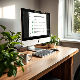 A modern workspace featuring a desktop computer on a sleek wooden desk