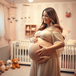 A joyful woman in her late 20s, visibly pregnant with octuplets, showcasing a hyper pregnant, prominently large round belly