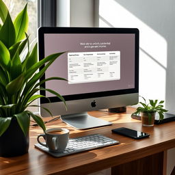 A modern workspace featuring a desktop computer on a sleek wooden desk