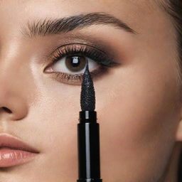 A sleek mascara tube, glossy black in color, with a voluminous brush, coated with thick, black mascara