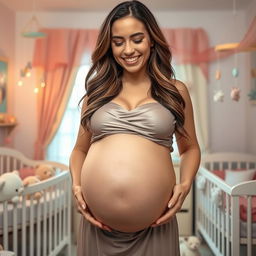 A joyful woman in her late 20s, visibly pregnant with octuplets, showcasing a hyper pregnant, prominently large round belly