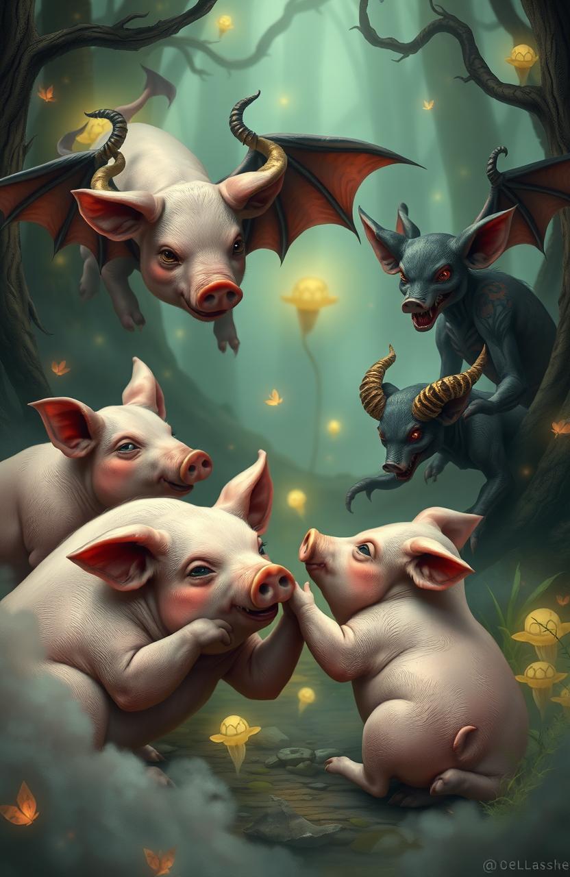 A mythical scene where pigs are interacting with demons in a whimsical fantasy setting