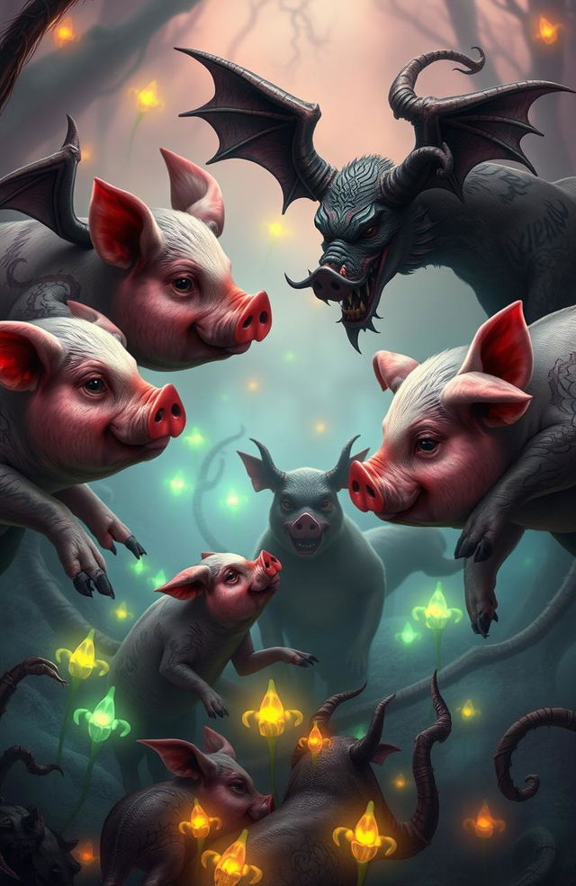 A mythical scene where pigs are interacting with demons in a whimsical fantasy setting