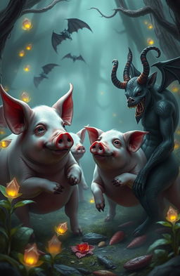 A mythical scene where pigs are interacting with demons in a whimsical fantasy setting