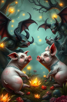 A mythical scene where pigs are interacting with demons in a whimsical fantasy setting