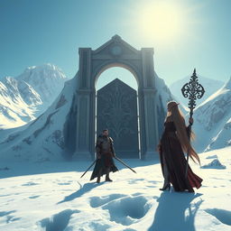 A majestic snowy mountain range with a colossal ancient door standing in the middle