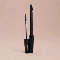 A sleek mascara tube, glossy black in color, with a voluminous brush, coated with thick, black mascara