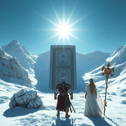 A majestic snowy mountain range with a colossal ancient door standing in the middle