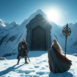 A majestic snowy mountain range with a colossal ancient door standing in the middle