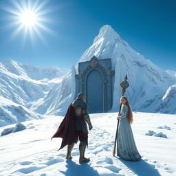 A majestic snowy mountain range with a colossal ancient door standing in the middle