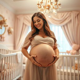 A joyful woman in her late 20s, visibly pregnant with decuplets, radiating happiness and excitement