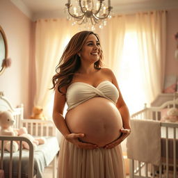 A joyful woman in her late 20s, visibly pregnant with decuplets, radiating happiness and excitement