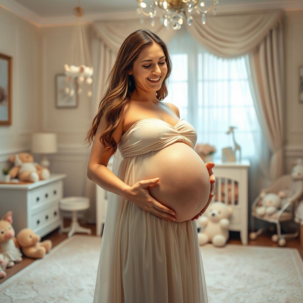 A joyful woman in her late 20s, visibly pregnant with decuplets, radiating happiness and excitement