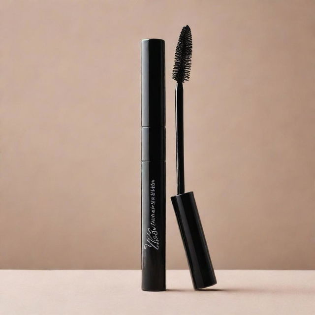 A sleek mascara tube, glossy black in color, with a voluminous brush, coated with thick, black mascara