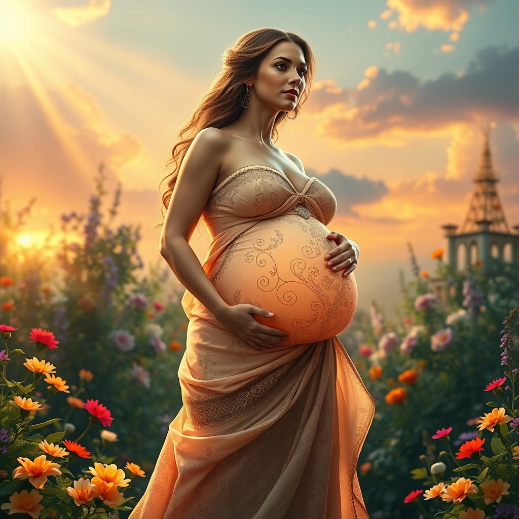 A fantasy depiction of a woman, symbolically representing fertility and abundance, imagined as being pregnant with 100 babies