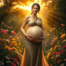 A fantasy depiction of a woman, symbolically representing fertility and abundance, imagined as being pregnant with 100 babies