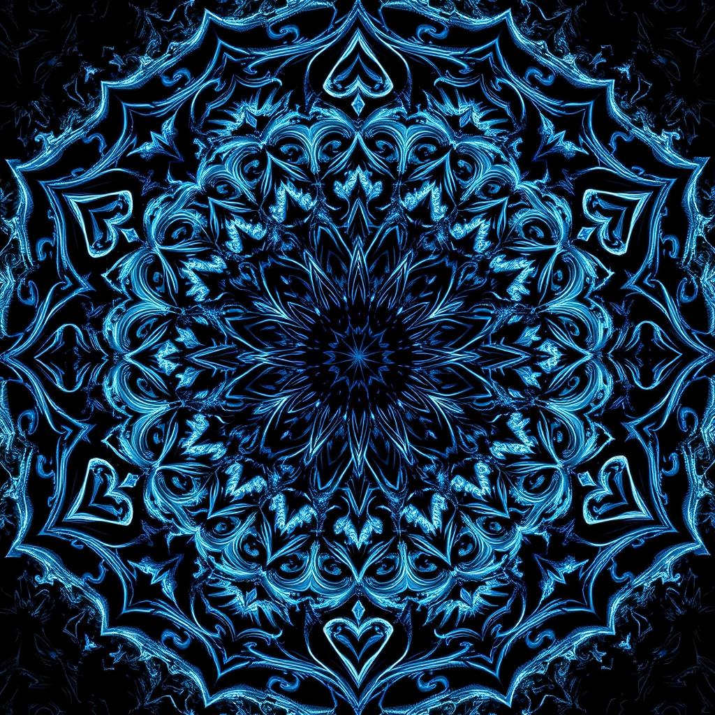 A mesmerizing mandala composed of intricate patterns inspired by shadows and ice, titled "PROPHECY OF ICE AND SHADOW"