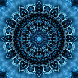 A mesmerizing mandala composed of intricate patterns inspired by shadows and ice, titled "PROPHECY OF ICE AND SHADOW"