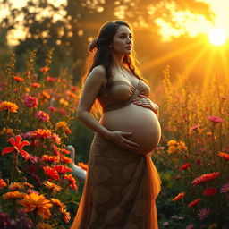 A fantasy depiction of a woman, symbolically representing fertility and abundance, imagined as being pregnant with 100 babies