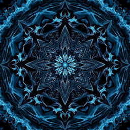 A mesmerizing mandala composed of intricate patterns inspired by shadows and ice, titled "PROPHECY OF ICE AND SHADOW"