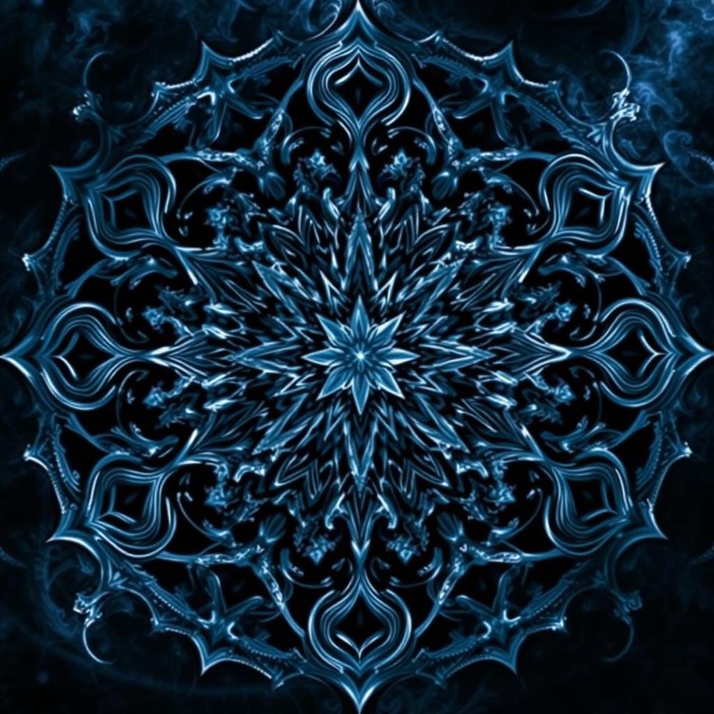 A mesmerizing mandala composed of intricate patterns inspired by shadows and ice, titled "PROPHECY OF ICE AND SHADOW"