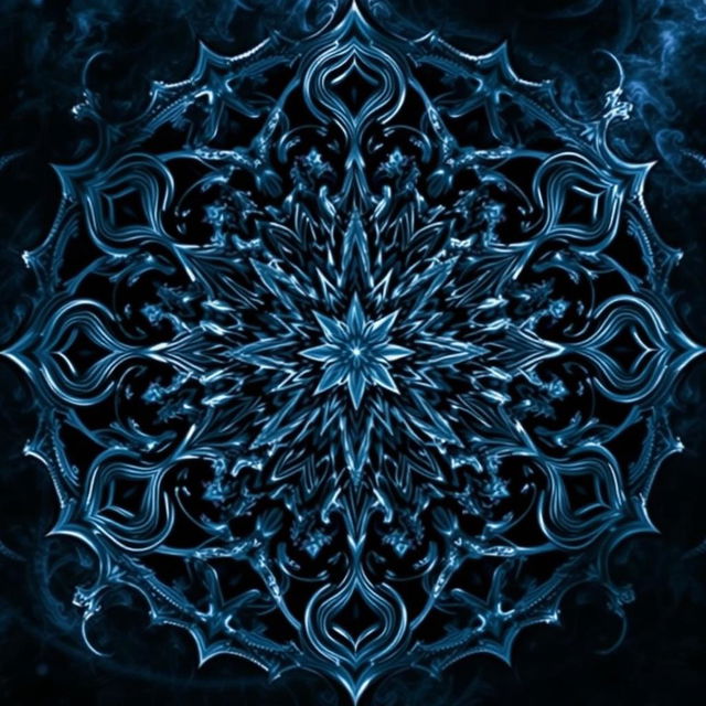 A mesmerizing mandala composed of intricate patterns inspired by shadows and ice, titled "PROPHECY OF ICE AND SHADOW"