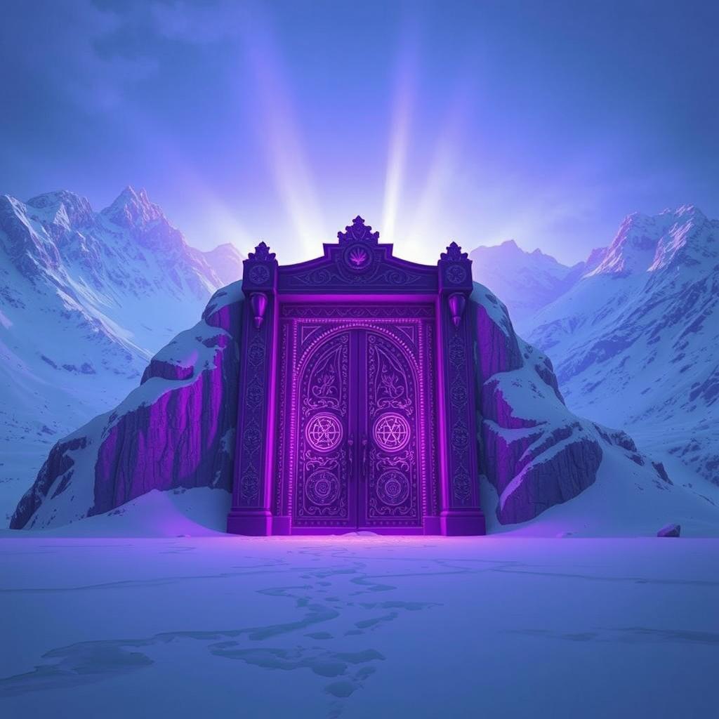 Majestic snow-covered mountains with a violet light glowing in the background, creating a magical atmosphere